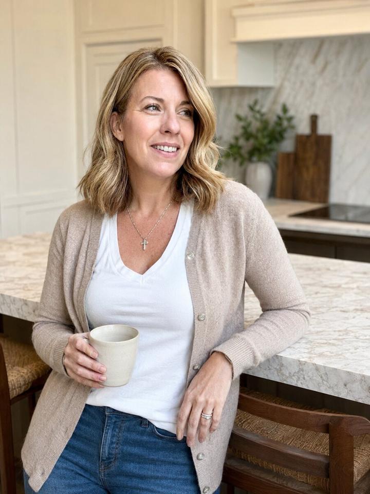 Maureen Helzer of The Midlife Awakening, holding a mug in her kitchen