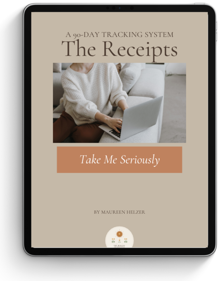 The Receipts 90-Day Tracker shown on a tablet, cover reading &ldquo;Take Me Seriously&rdquo; by Maureen Helzer