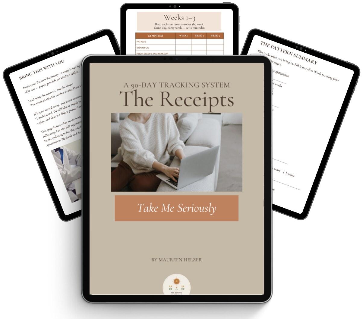 Inside pages of the tracker: a weekly symptom rating table, a pattern summary, and a page to bring to your appointment